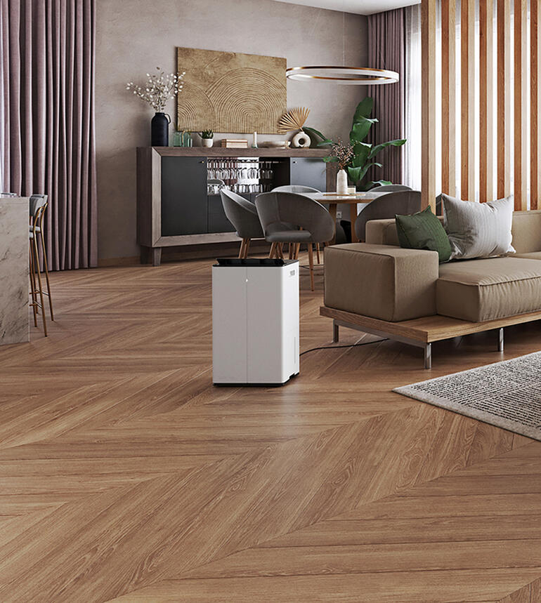 Lukas Pro in moderne woonkamer met houten vloer en planten.