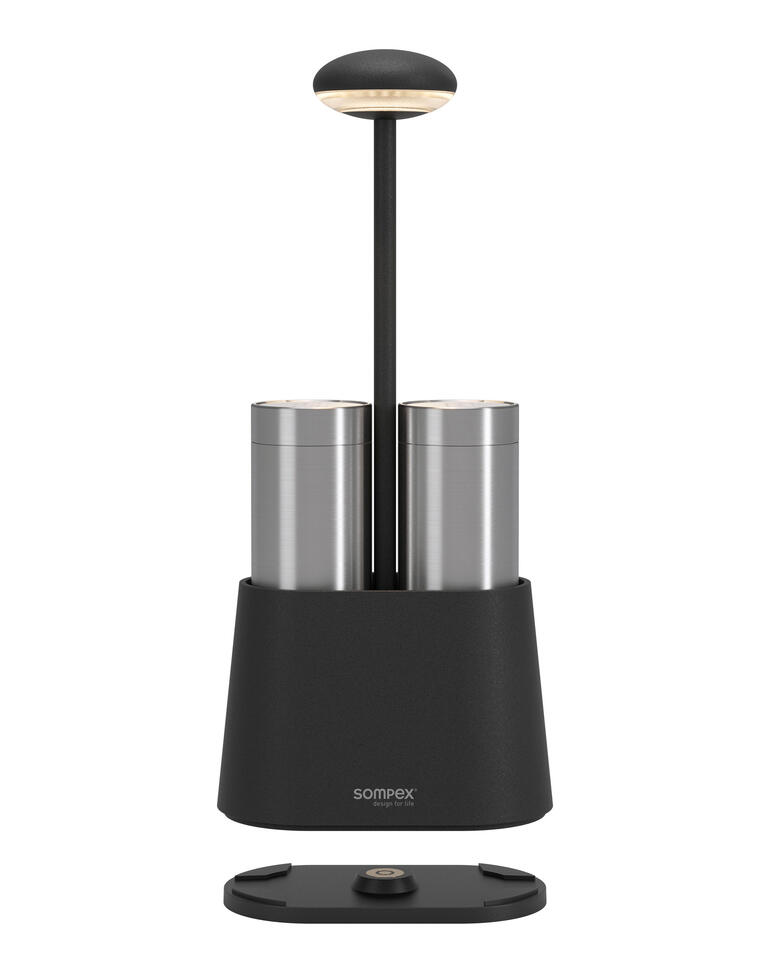 Peper- en zoutlamp in zwart met twee containers op een witte achtergrond.