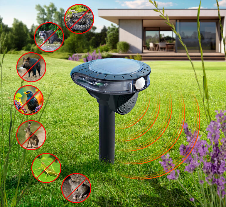 Elektronische dierenbestrijding in de tuin met verschillende dieren in symboolvorm.