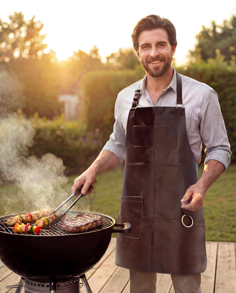 Man grillt met een buffellederen schort in de tuin.