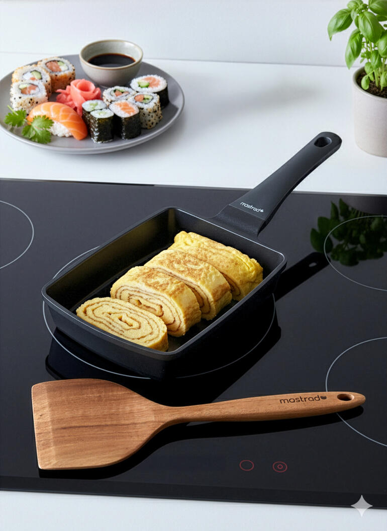 Tamagoyaki-pan met opgerolde eieren naast een sushi-schaal.