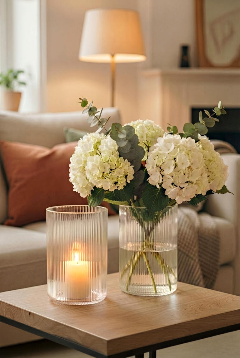 Twee vazen met witte bloemen en licht in een moderne woonruimte.