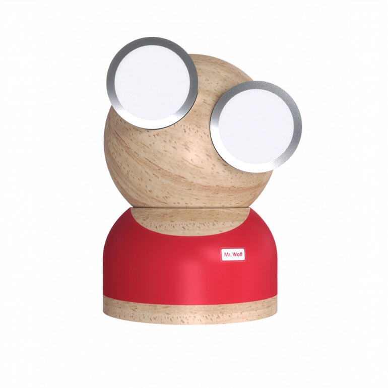 Koraalrode Mr. Watt met grote houten ogen.