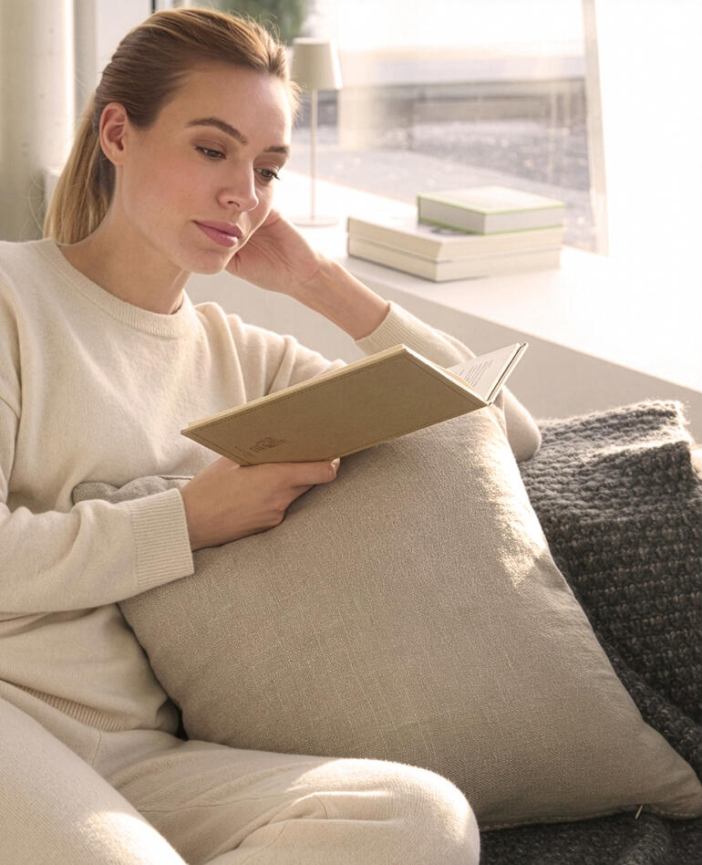Vrouw leest boek op bank met beige kussen op de achtergrond.