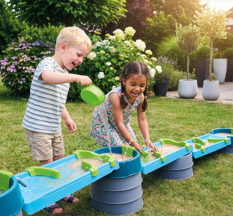 Twee kinderen spelen met een modulaire water- en modderbaan in de tuin.