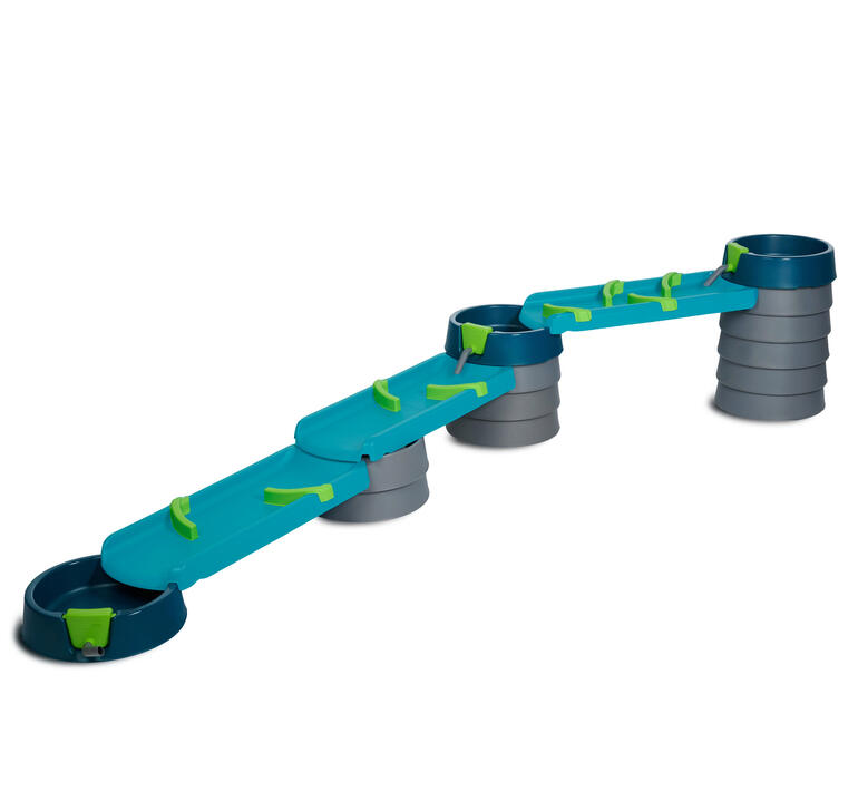 Modulaire water- en modderbaan met blauwe en groene elementen.