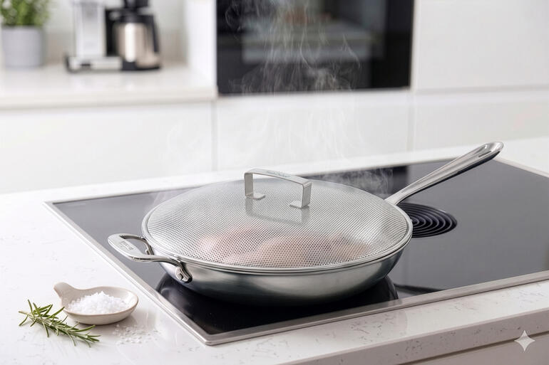 Spatdeksel op een pan met dampende inhoud.