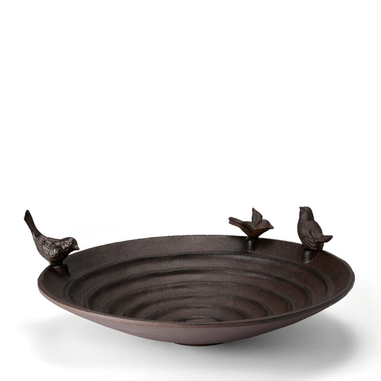 Detail van de vogeldrinkbak met drie vogels erop.