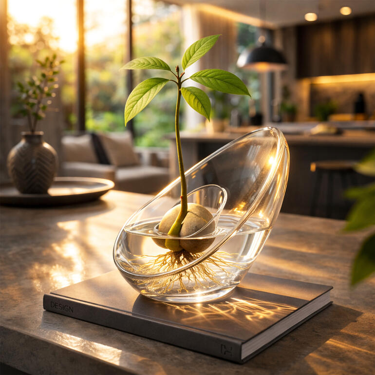 Avocado vaas met plant en wortels in helder water op een tafel.