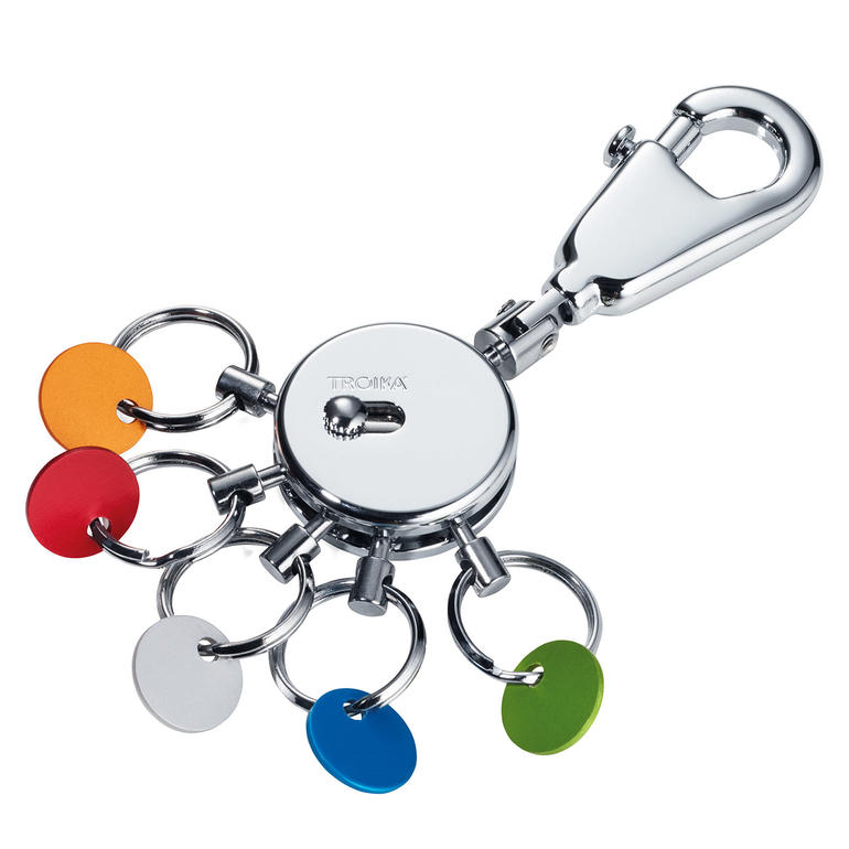 Key Organizer Key Organizer met sleutelhangers in verschillende kleuren, op een witte achtergrond.