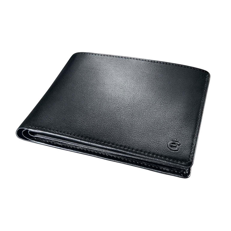 Met slechts 2 cm aangenaam plat zit uw leren beurs in iedere zak comfortabel – zonder op te bollen. Zwarte veiligheidsleren portemonnee met RFID-bescherming op een tafel.
