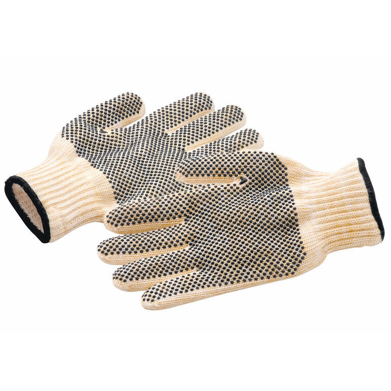 Hittebestendige siliconen noppen zorgen voor een slipvrije greep. Twee hittebestendige handschoenen, beige met zwarte stippen.
