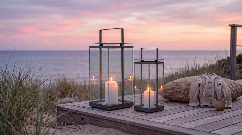 Twee design-laternen op een houten terras aan het strand bij zonsondergang.