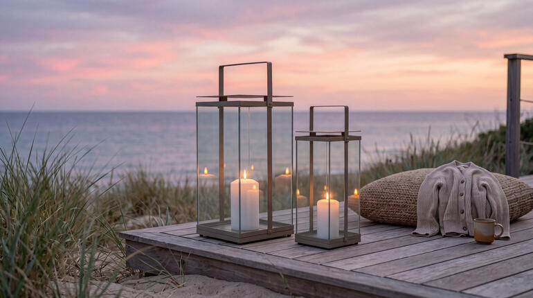 Twee HACADO-lantaarns op het strand, kaarsen branden bij zonsondergang.