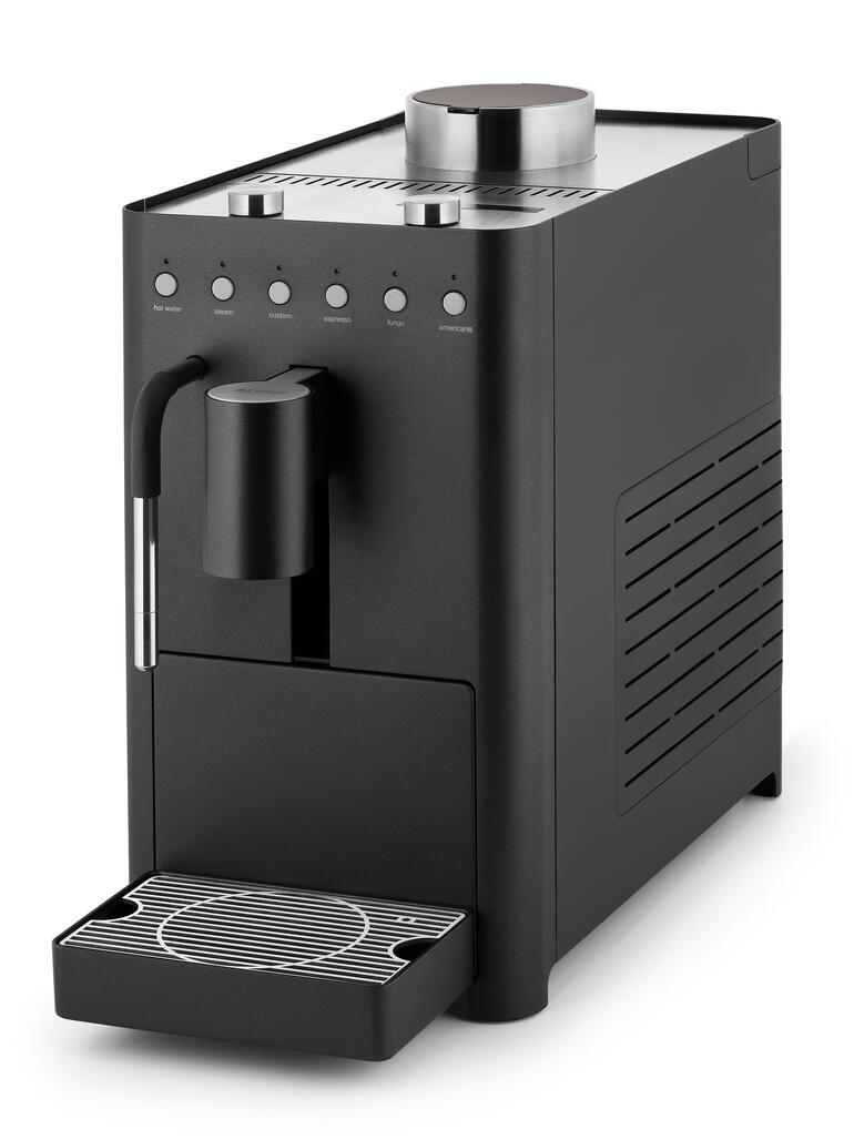 Design-koffieautomaat Chipperfield Edition in antraciet met verchroomde deksel.