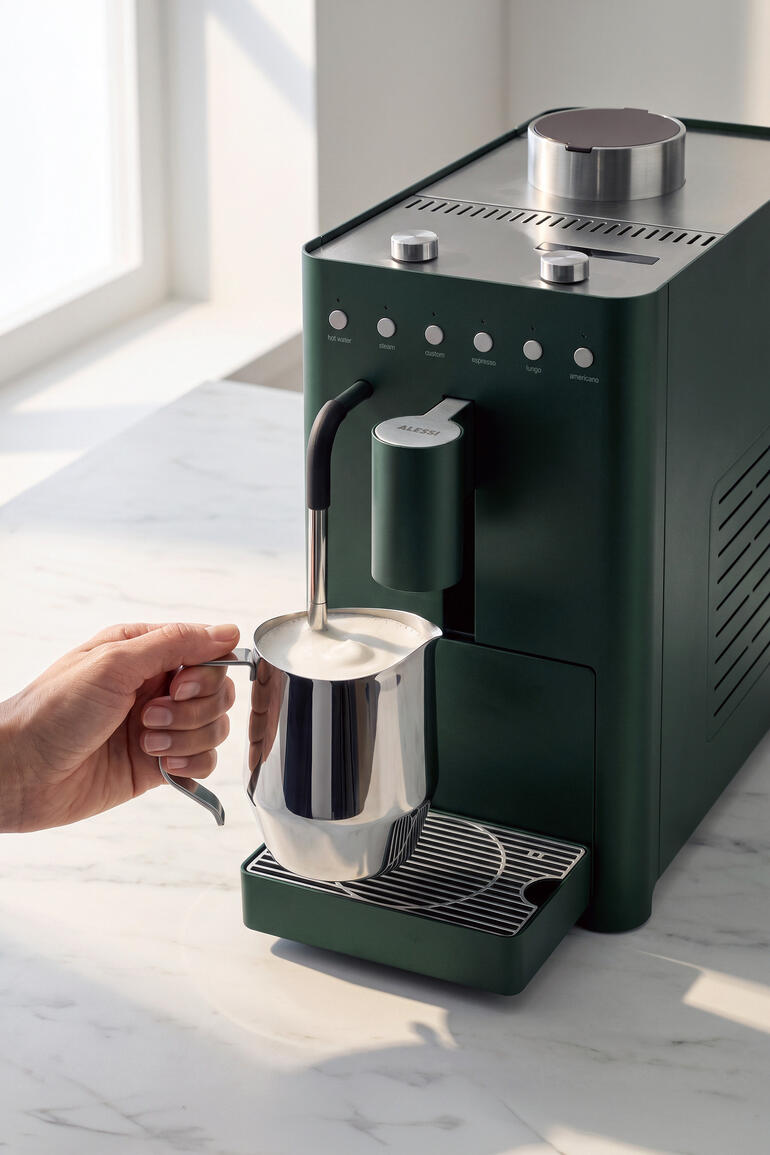 Design koffiezetapparaat Chipperfield Edition in groen, melkopschuimer wordt gebruikt.