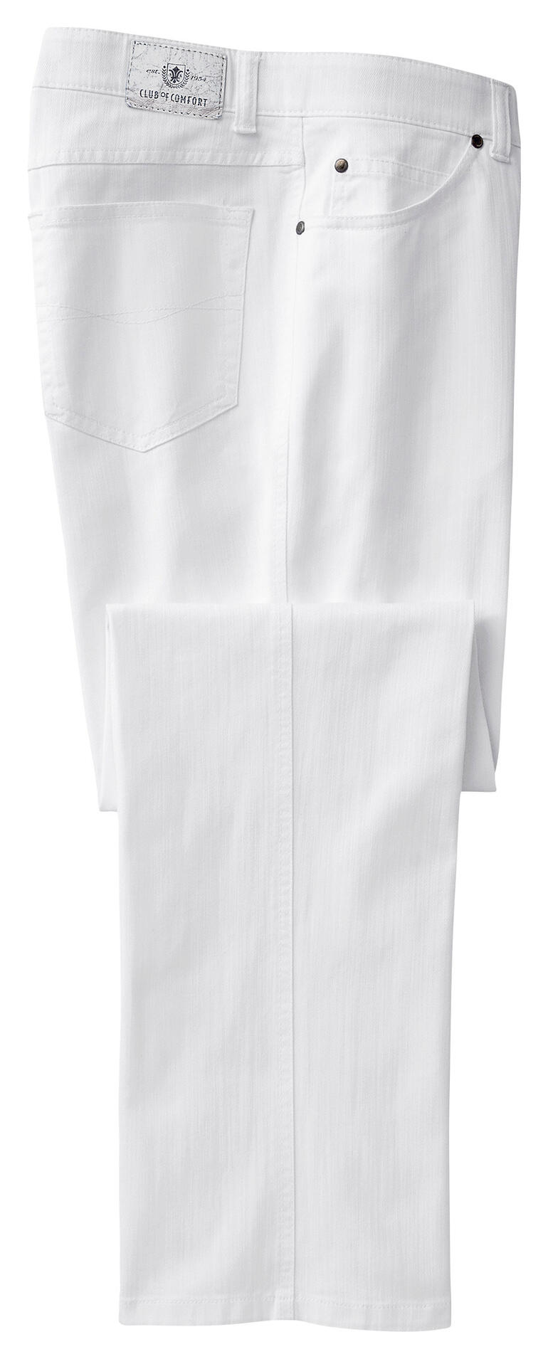 Witte T400 jeans met een ingekorte pijp op een witte achtergrond