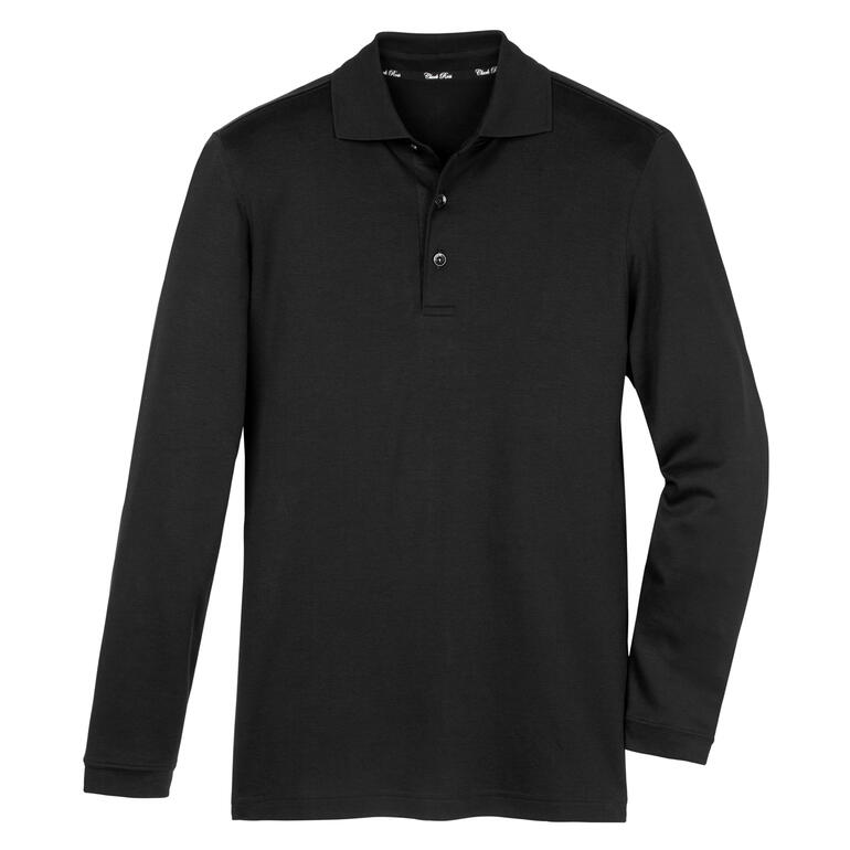 Zwart Pima-interlock polo met lange mouwen en drie knopen.