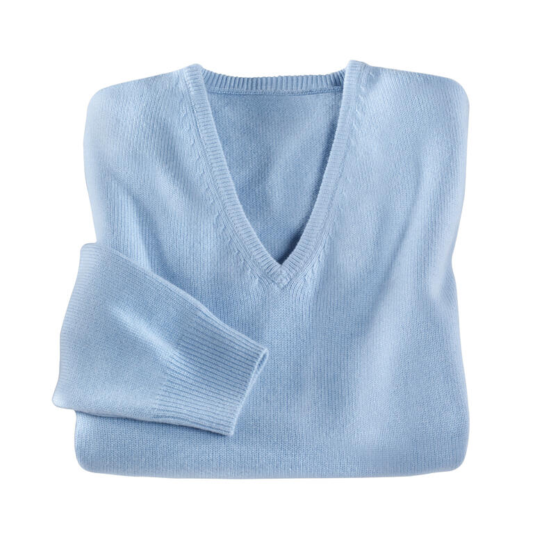 Heren kasjmier pullover in lichtblauw met V-hals.