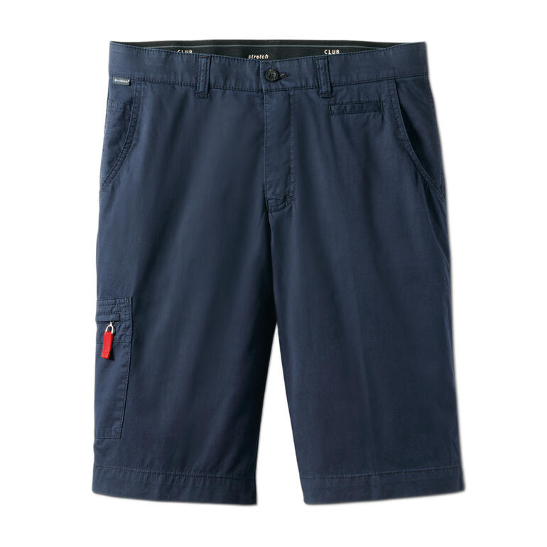 Donkerblau bermuda met zakken en rode rits, ideaal voor de zomer.