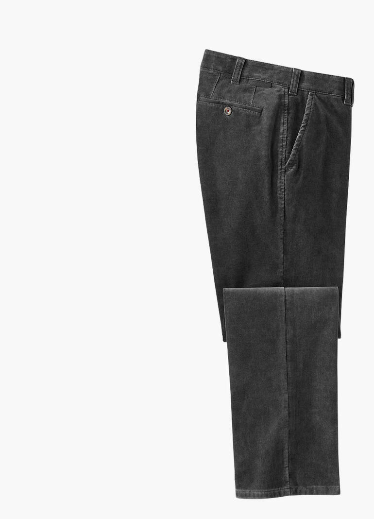 Zwarte fijncordbroek, voorkant, met zij- en bovenaanzicht.