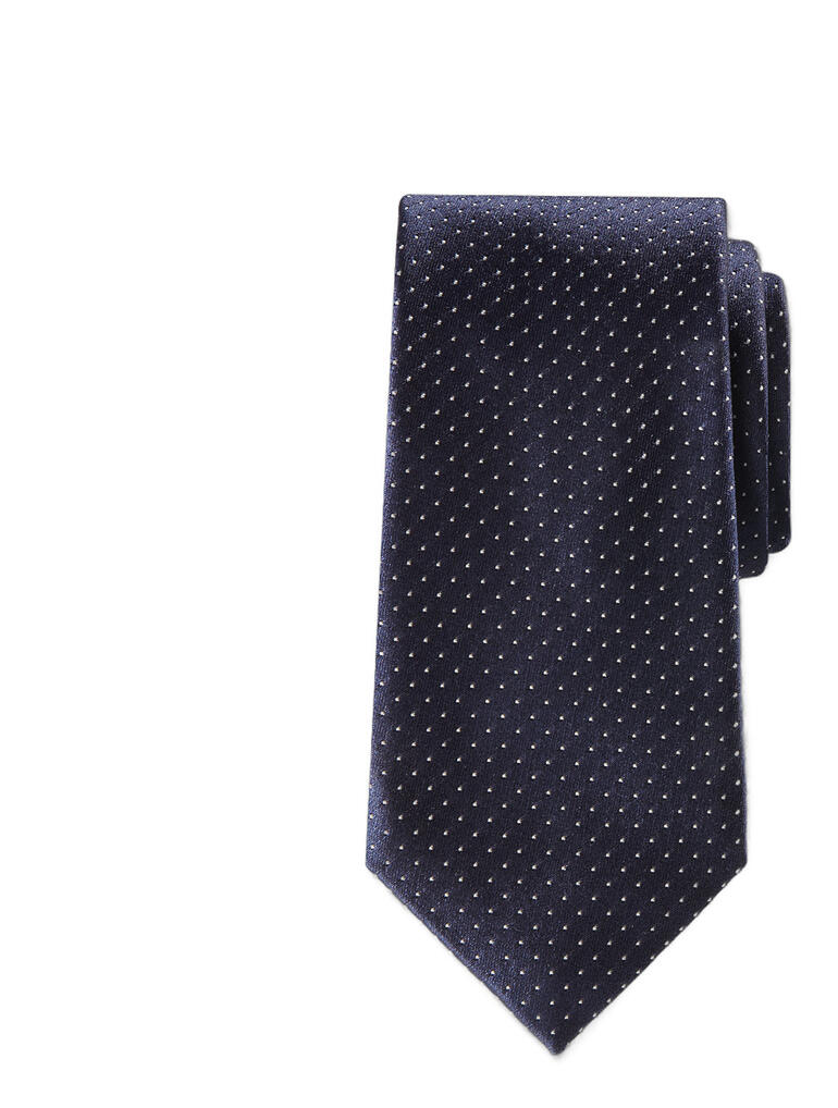 marine Donkerblauwe Ascot zijden stropdas met witte stippen op een witte achtergrond.