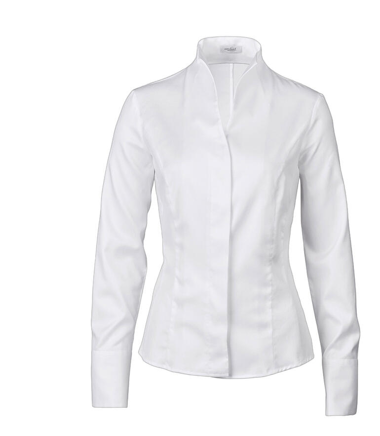 Witte blouse met kelkkragen van van Laack, recht van voren.