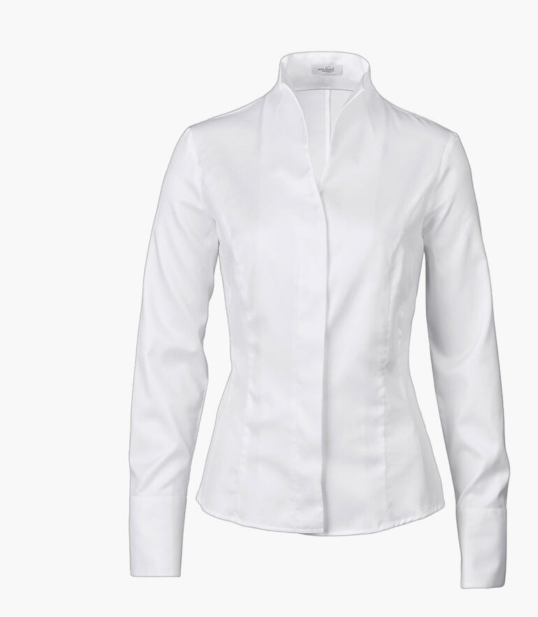 Witte blouse met kelkkragen van van Laack, recht van voren.