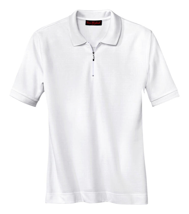 Wit poloshirt met ritssluiting op een witte achtergrond.