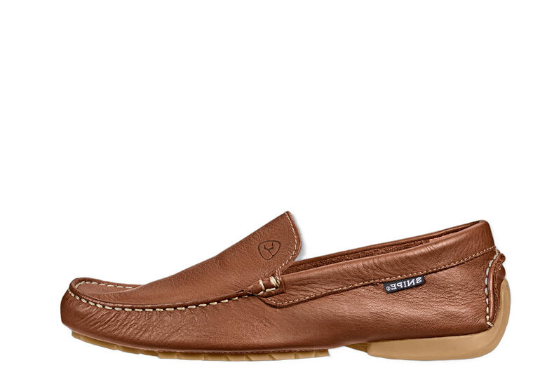 Zijaanzicht van een wasbare Snipe-lederen slippers in cognackleur voor heren, maat 41.