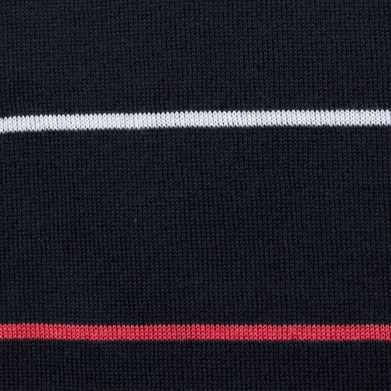 Smedley gestreepte twinset, navy/rood/wit Close-up van de gestreepte stof in marineblauw/rood/wit.