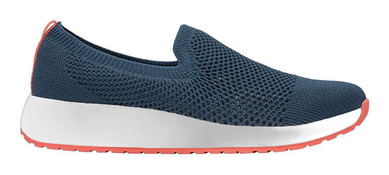 navy Zijaanzicht van een Swims Summer-Knit dames slip-on in Navy met koraal zool.