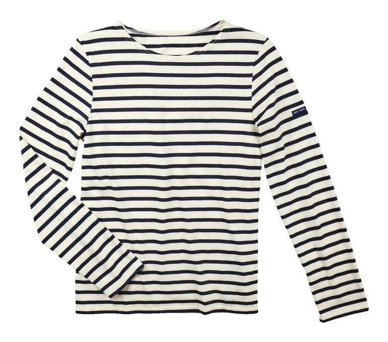 Heren Bretagne shirt met lange mouwen en brede strepen in marineblauw en wit.