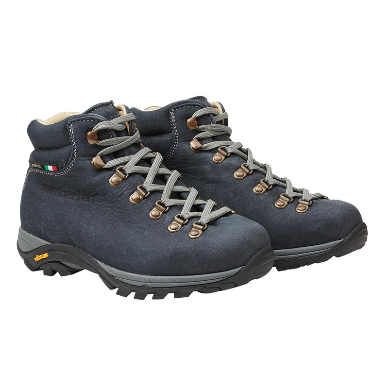 Twee Zamberlan® dames wandelschoenen in donkerblauw staan naast elkaar.