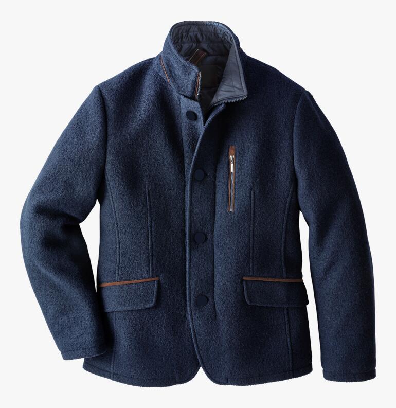 Donkerblauwe wolwalk colbert, open gedragen.