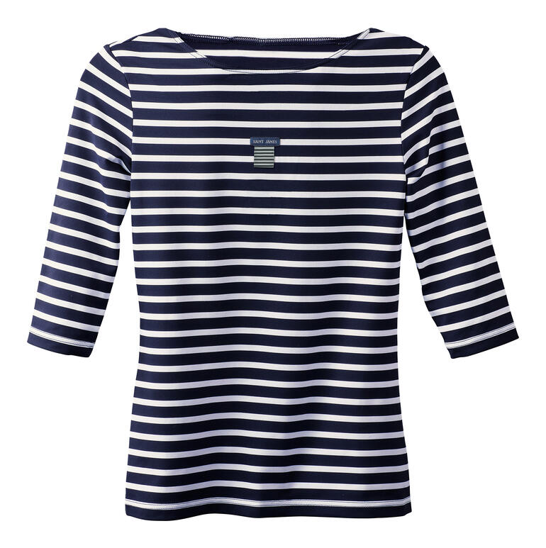Vooraanzicht van een gestreept shirt in marineblauw en wit met merketiket.