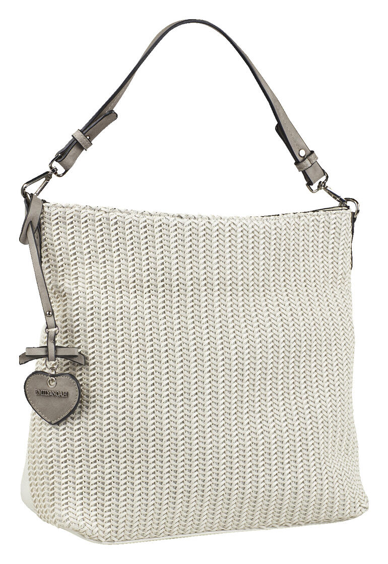 Beige gevlochten shopper van Emily & Noah in een elegante presentatie.