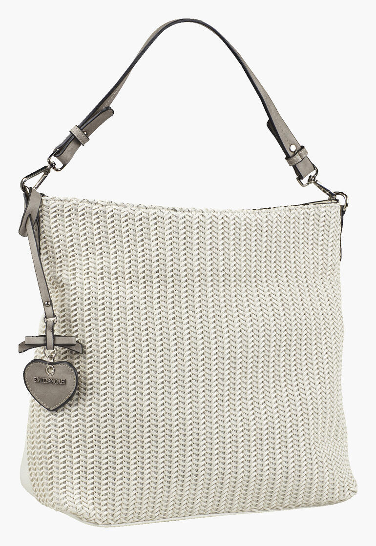 Beige gevlochten shopper van Emily & Noah in een elegante presentatie.