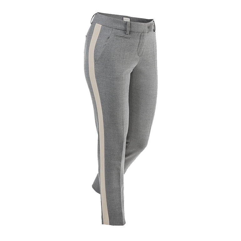Stijlvolle grijze broek met beige bies, zijaanzicht