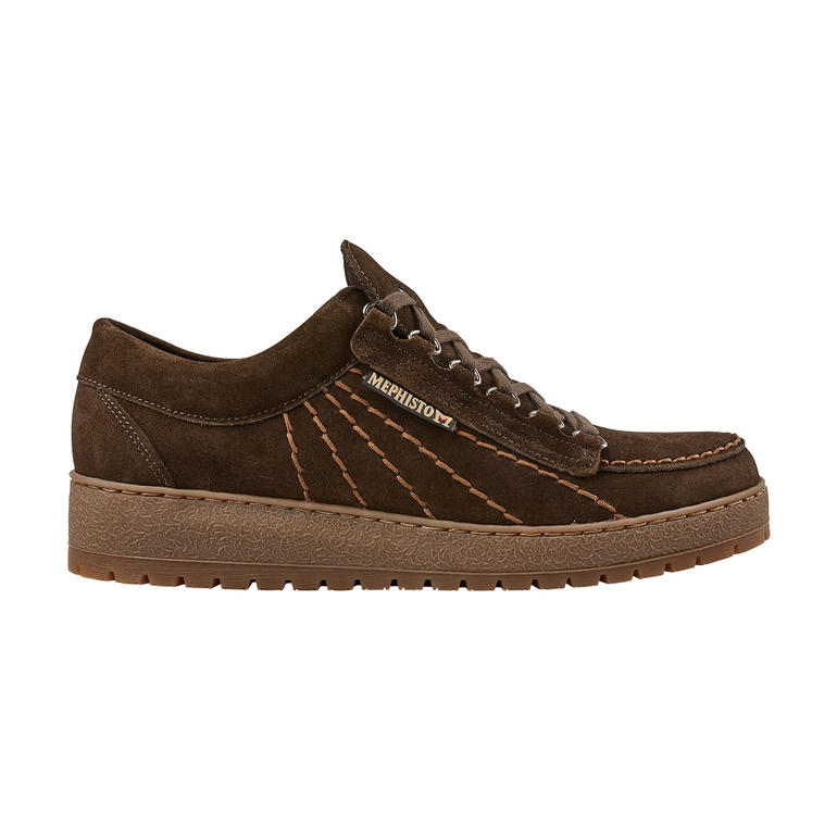 Mephisto mocassin-sneakers Rainbow Zijaanzicht van een olijfgroene Mephisto Mokassin Sneakers Rainbow met decoratieve stiksels.