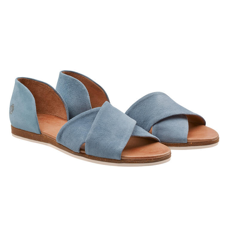 Twee blauwe kruisbanden sandalen van voren.