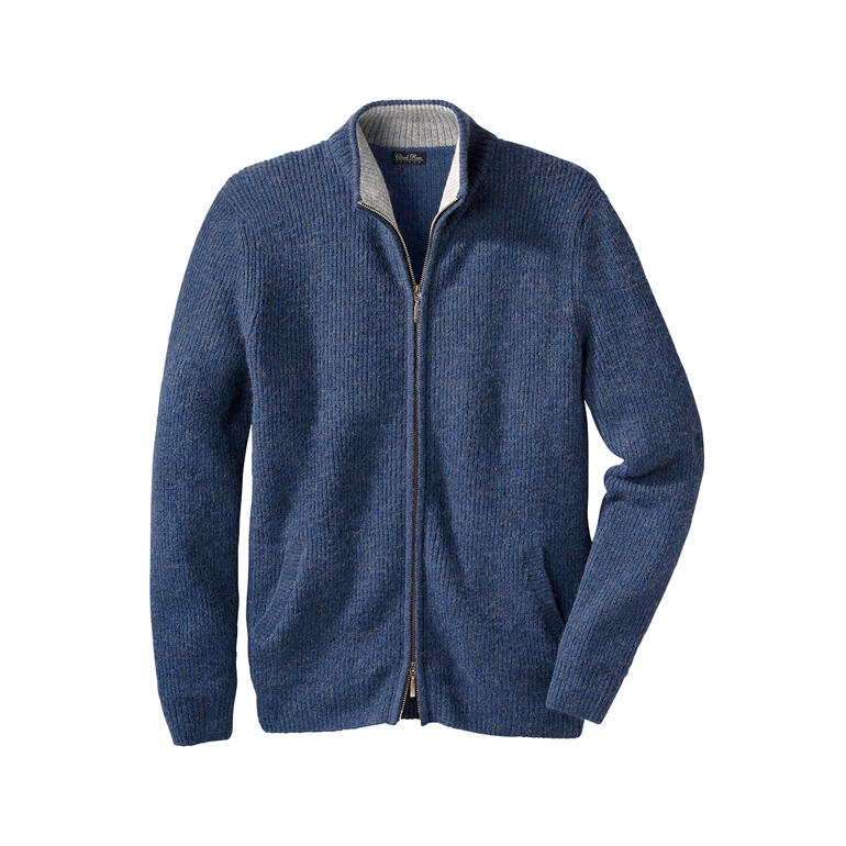 Blauwe baby alpaca vest met rits en zakken.