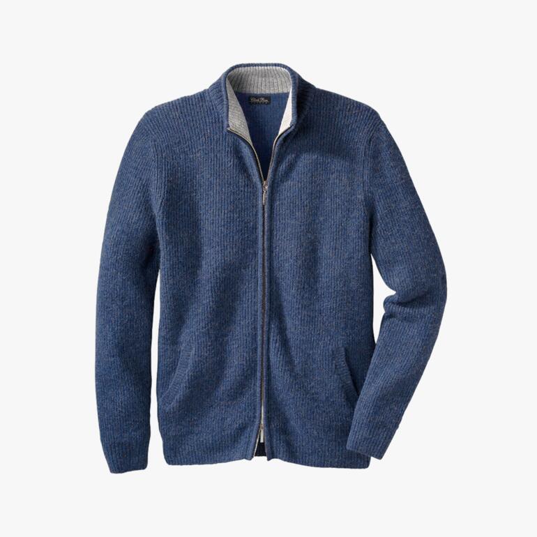 Blauwe baby alpaca vest met rits en zakken.