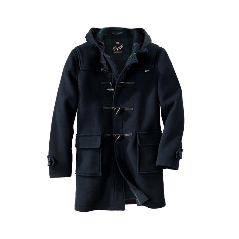 Dufflecoat in donkerblauw met houten knopen en capuchon