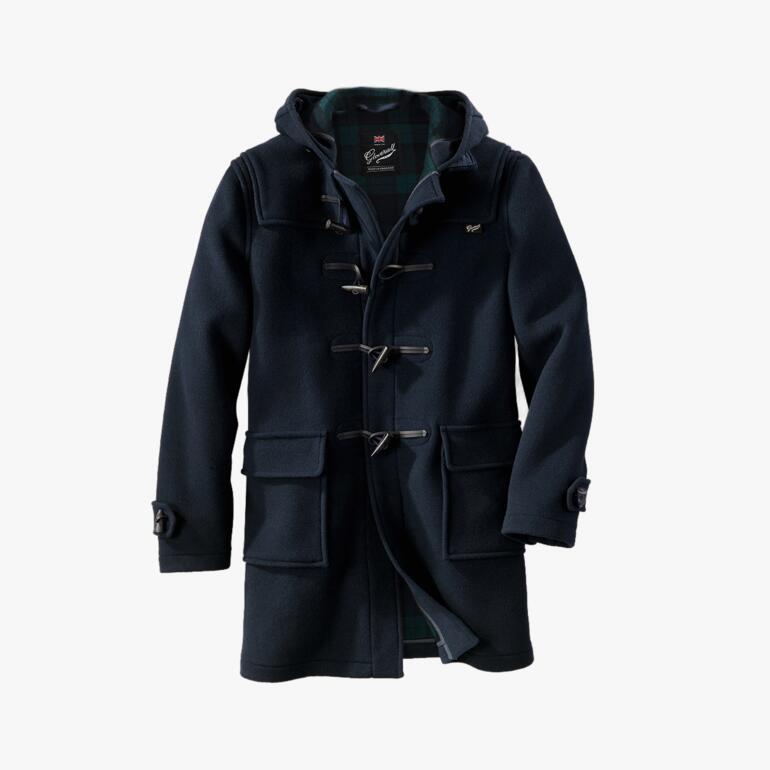 Dufflecoat in donkerblauw met houten knopen en capuchon