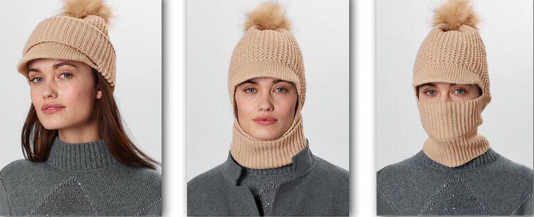 Omkeerbare beanie in beige, stijlvol met een pompon, getoond in drie verschillende weergaven.