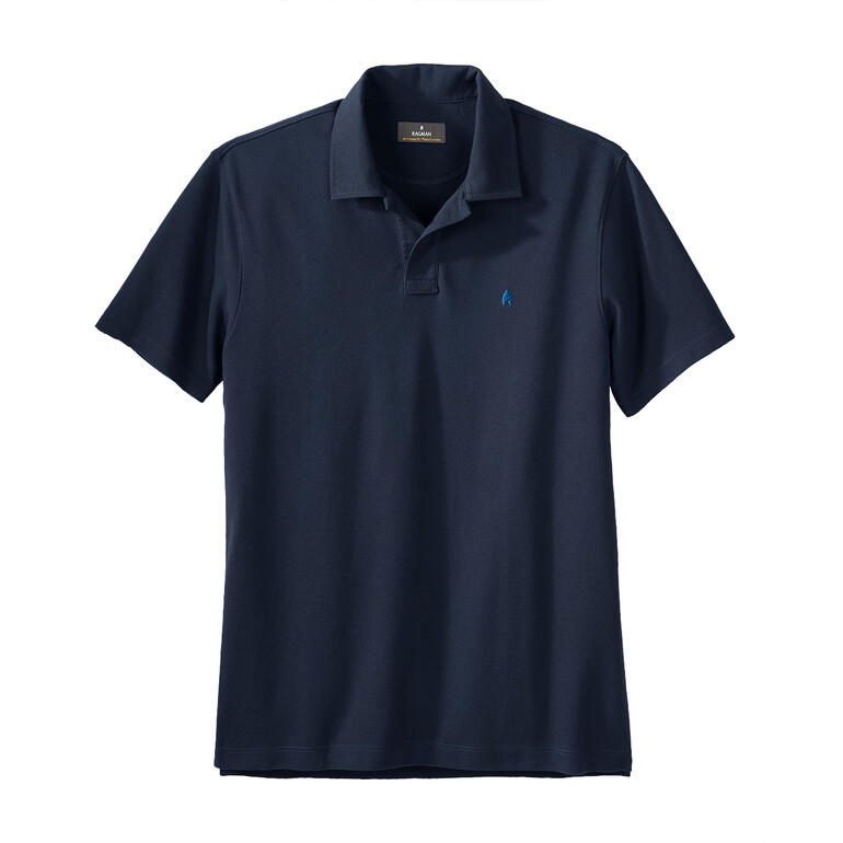 Donkerblauwe poloshirt, vooraanzicht, stoftextuur zichtbaar.