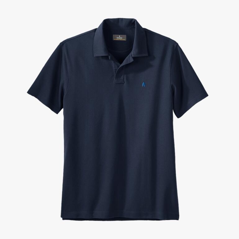 Donkerblauwe poloshirt, vooraanzicht, stoftextuur zichtbaar.