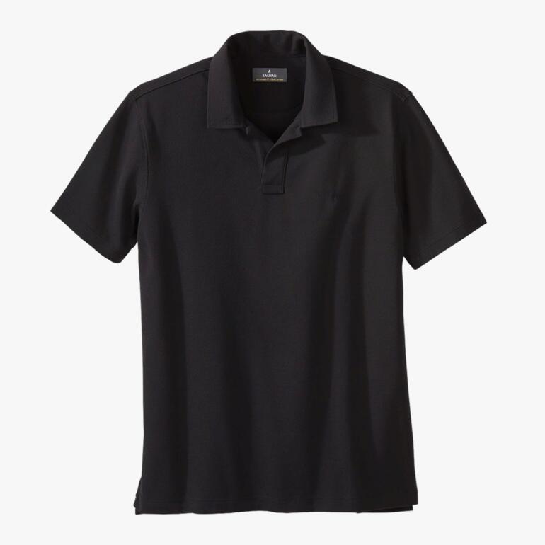 Zwarte poloshirt, vooraanzicht, stoftextuur zichtbaar.