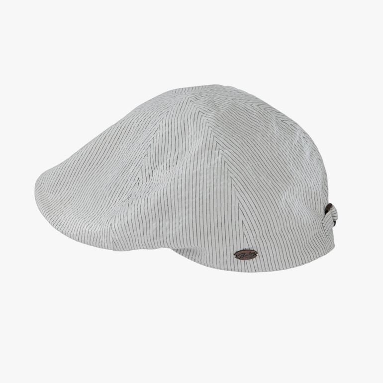 Zijaanzicht van de Bailey of Hollywood Seersucker pet met gestreept ontwerp.